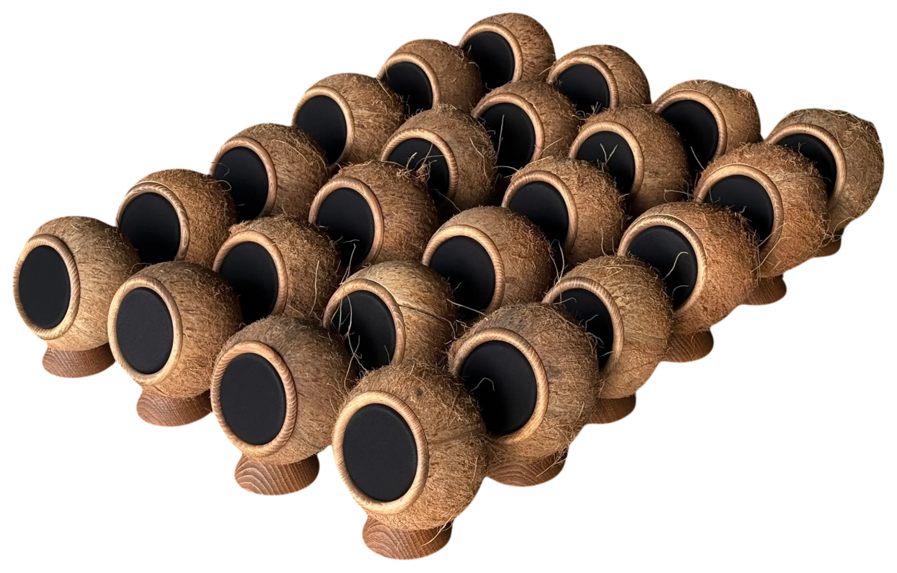 A grid of Coconut objects, each with its own shell and wooden foot